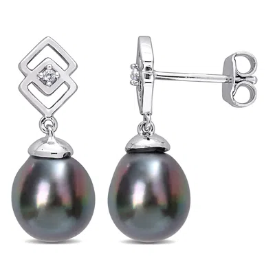 Mimi & Max 8-9mm Black Tahitian Cultured Pearl And White Topaz Drop Earrings In Sterling Silver In Multi