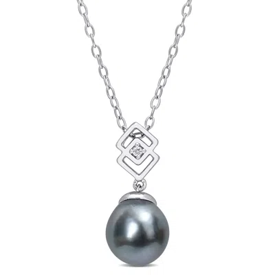Mimi & Max 8-9mm Black Tahitian Cultured Pearl And White Topaz Lozenge Drop Pendant With Chain In Sterling Silv