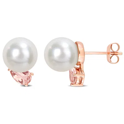 Mimi & Max 8-9mm South Sea Cultured Pearl And 4/5ct Tgw Morganite Stud Earrings In 14k Rose Gold In Silver