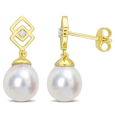 Mimi & Max 8-9mm South Sea Cultured Pearl And White Topaz Drop Earrings In Yellow Silver In Multi