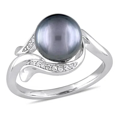 Mimi & Max 8.5 - 9 Mm Black Tahitian Pearl Diamond Accent Ring 14k White Gold