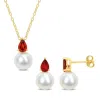 Mimi & Max 8.5-9mm Cultured Freshwater Pearl 1 1/2ct Tgw Garnet Jewelry Set Yellow Plated Sterling Silver In Red