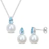 Mimi & Max 8-8.5mm Cultured Freshwater Pearl 4/5ct Tgw Sky Blue Topaz Jewelry Set 10k White Gold In Blue