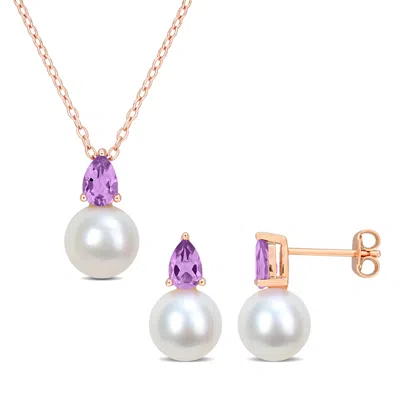 Mimi & Max 8.5-9mm Cultured Freshwater Pearl 1ct Tgw Amethyst Jewelry Set Rose Plated Sterling Silver In Purple