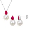 Mimi & Max 8.5-9mm Cultured Freshwater Pearl 2ct Tgw Created Ruby Jewelry Set Sterling Silver In Red