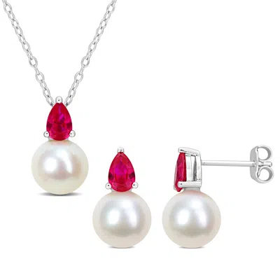 Mimi & Max 8.5-9mm Cultured Freshwater Pearl 2ct Tgw Created Ruby Jewelry Set Sterling Silver In Red