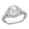 Mimi & Max 8.5-9mm Cultured Freshwater Pearl And 3/4ct Tgw White Topaz Halo Ring In Sterling Silver In Silver