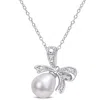 Mimi & Max 8.5-9mm Cultured Freshwater Pearl And Diamond Accent Bow Necklace In Sterling Silver In Silver