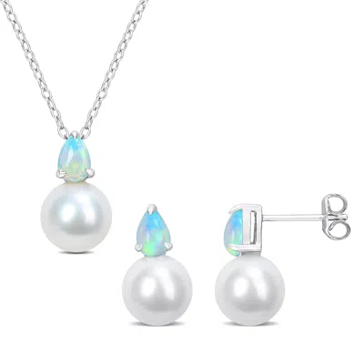 Mimi & Max 8.5-9mm Cultured Freshwater Pearl 1 1/3ct Tgw Ethiopian Opal Jewelry Sterling Silver In Neutral