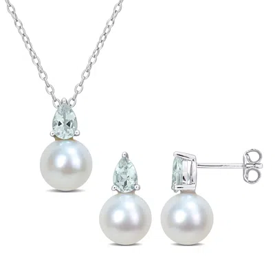 Mimi & Max 8.5-9mm Cultured Freshwater Pearl 1 1/5ct Tgw Aquamarine Jewelry Sterling Silver In Metallic