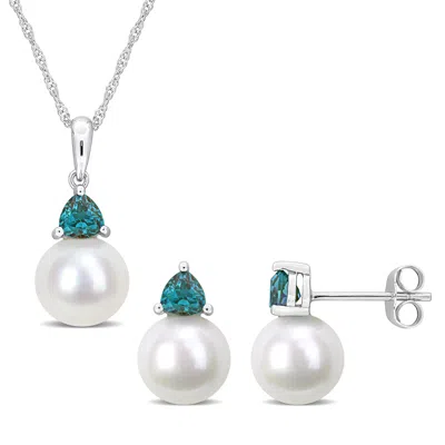 Mimi & Max 8-8.5mm Cultured Freshwater Pearl 4/5ct Tgw Created Alexandrite Jewelry Set 10k White Gold In Metallic