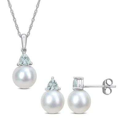 Mimi & Max 8-8.5mm Cultured Freshwater Pearl 5/8ct Tgw Aquamarine Jewelry Set 10k White Gold In Metallic