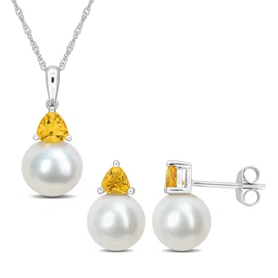 Mimi & Max 8-8.5mm Cultured Freshwater Pearl 5/8ct Tgw Citrine Jewelry Set 10k White Gold In Metallic