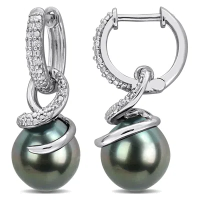 Mimi & Max 8-8.5mm Cultured Tahitian Pearl 1/10ct Tw Diamond Swirl Drop Earrings Sterling Silver In Metallic