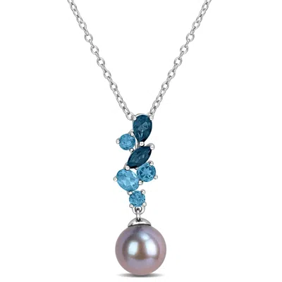 Mimi & Max 8mm Black Cultured Freshwater Pearl London Blue Topaz Necklace Sterling Silver-17 In In Metallic