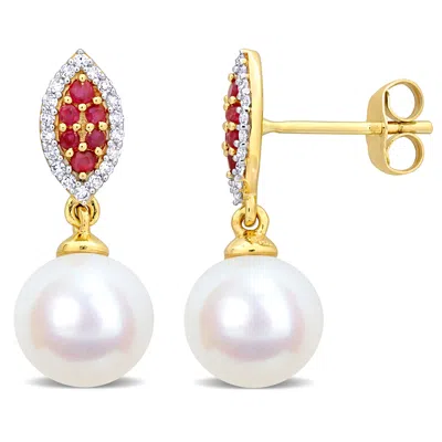 Mimi & Max 8mm Cultured Freshwater Pearl 1/7ct Tdw Diamond 1/6ct Tgw Ruby Marquise Earrings 14k Yellow Gold In Multi