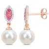 Mimi & Max 8mm Cultured Freshwater Pearl 1/7ct Tdw Diamond & Pink Sapphire Marquise Earrings 14k Rose Gold In Pink