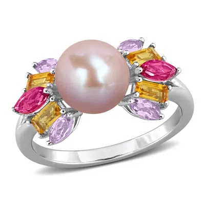 Mimi & Max 8mm Pink Cultured Freshwater Pearl 1ct Tgw Amethyst Pink Topaz Ring Sterling Silver In Brown