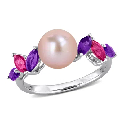 Mimi & Max 8mm Pink Cultured Freshwater Pearl 1ct Tgw Amethyst Pink Topaz Ring Sterling Silver In Metallic