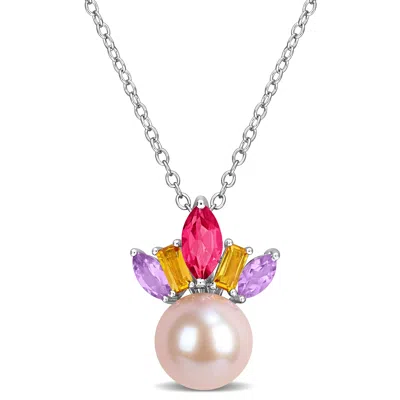 Mimi & Max 8mm Pink Cultured Freshwater Pearl Pink London Blue White Topaz Necklace Sterling Silver In Red