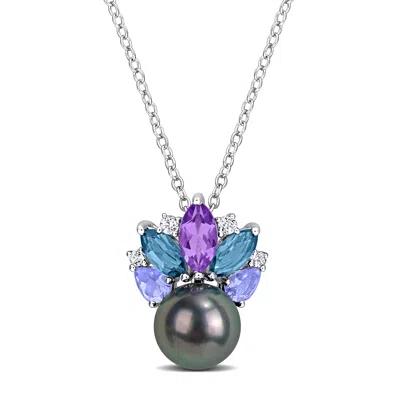 Mimi & Max 8mm Pink Cultured Freshwater Pearl Pink London Blue White Topaz Necklace Sterling Silver In Purple
