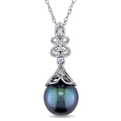 Mimi & Max 9 - 9.5 Mm Black Tahitian Pearl Diamond Vintage Necklace 14k White Gold In Metallic