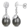 Mimi & Max 9-10mm Black Tahitian Cultured Pearl & 1/7ct Tw Diamond Earrings 14k White Gold In Black