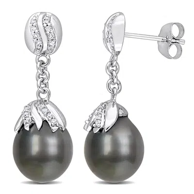 Mimi & Max 9-10mm Black Tahitian Cultured Pearl & 1/7ct Tw Diamond Earrings 14k White Gold