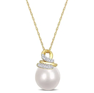 Mimi & Max 9-10mm South Sea Cultured Pearl And 1/10ct Tw Diamond Wrap Pendant With Chain In 10k Yellow Gold In Multi