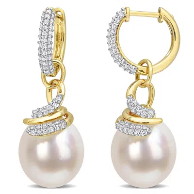 Mimi & Max 9-10mm South Sea Cultured Pearl & 3/5ct Tw Diamond Wrap Hoop Earrings 14k Yellow Gold