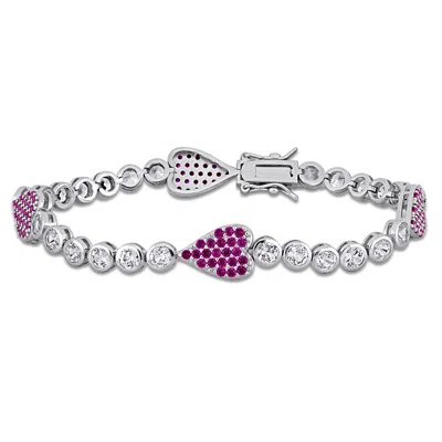 Mimi & Max 9 1/2ct Tgw Created Ruby Created White Sapphire Heart Bracelet Sterling Silver In Pink