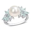 MIMI & MAX 9-9.5MM CULTURED FRESHWATER PEARL AND 3/5CT TGW AQUAMARINE AND 1/8CT TW DIAMOND FLOWER RING IN 14K W