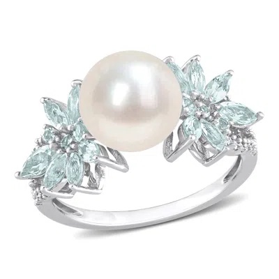 Mimi & Max 9-9.5mm Cultured Freshwater Pearl And 3/5ct Tgw Aquamarine And 1/8ct Tw Diamond Flower Ring In 14k W In Multi