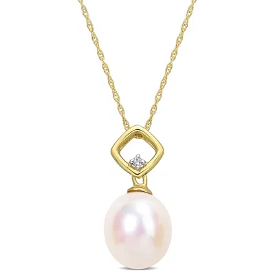 Mimi & Max 9-9.5mm Cultured Freshwater Pearl And Diamond Accent Drop Pendant With Chain In 10k Yellow Gold In Multi