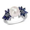 Mimi & Max 9-9.5 Mm Cultured Freshwater Pearl And 3/8 Ct Tgw Sapphire And 1/8 Ct Tw Diamond Flower Ring In 14k In White