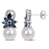 Mimi & Max 9-9.5 Mm Cultured Freshwater Pearl And Sapphire And 1/8 Ct Tw Diamond Flower Drop Earrings In 14k Wh In White