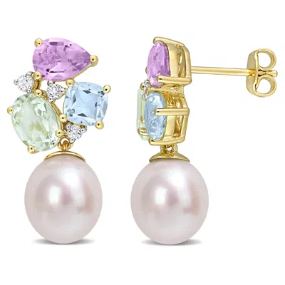 Mimi & Max 9-9.5 Mm Freshwater Cultured Pearl And 4 3/4 Ct Tgw Multi-color Gemstone Drop Earrings In Yellow Pla