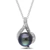 MIMI & MAX 9-9.5MM BLACK TAHITIAN PEARL AND DIAMOND CURLICUE NECKLACE IN STERLING SILVER