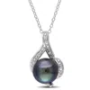 Mimi & Max 9-9.5mm Black Tahitian Pearl And Diamond Curlicue Necklace In Sterling Silver In Black