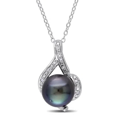 Mimi & Max 9-9.5mm Black Tahitian Pearl And Diamond Curlicue Necklace In Sterling Silver