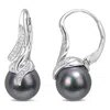 Mimi & Max 9-9.5mm Black Tahitian Pearl And Diamond Twist Leverback Drop Earrings In Sterling Silver In Black
