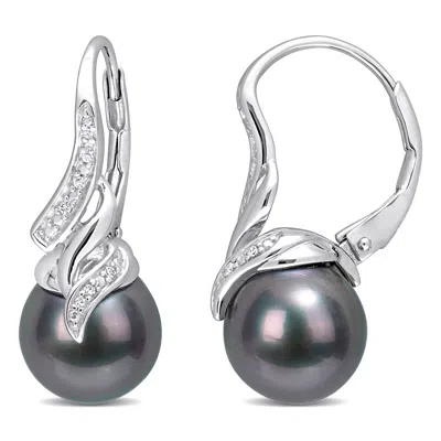 Mimi & Max 9-9.5mm Black Tahitian Pearl And Diamond Twist Leverback Drop Earrings In Sterling Silver