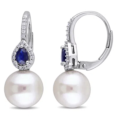 Mimi & Max 9-9.5mm Cultured Freshwater Pearl, 1/8ct Tw Diamond And Sapphire Earrings In 14k White Gold In Silver