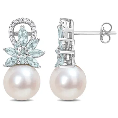 Mimi & Max 9-9.5mm Cultured Freshwater Pearl And Aquamarine And 1/8ct Tw Diamond Flower Drop Earrings In 14k Wh In Multi