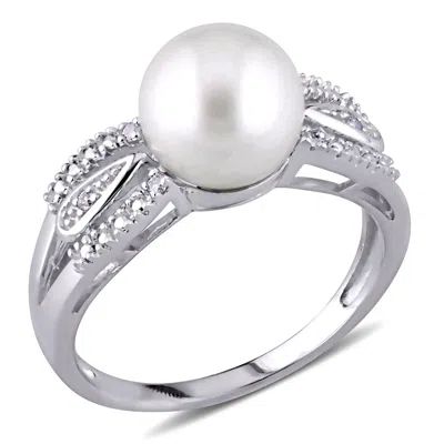 Mimi & Max 9-9.5mm Cultured Freshwater Pearl And Diamond Accent Split Shank Ring In Sterling Silver In White