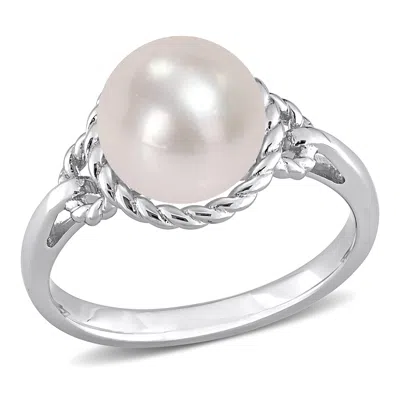 Mimi & Max 9-9.5mm White Cultured Freshwater Pearl Rope Frame Ring In Sterling Silver