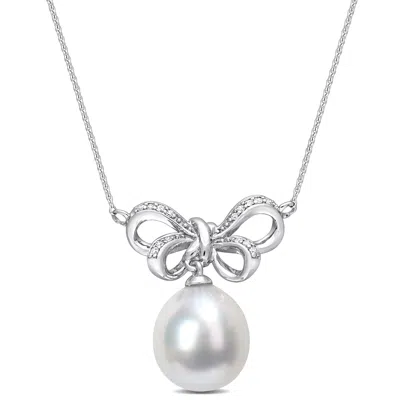 Mimi & Max 9.5 -10mm South Sea Cultured Pearl And Diamond Accent Bow Pendant With Chain In 10k White Gold