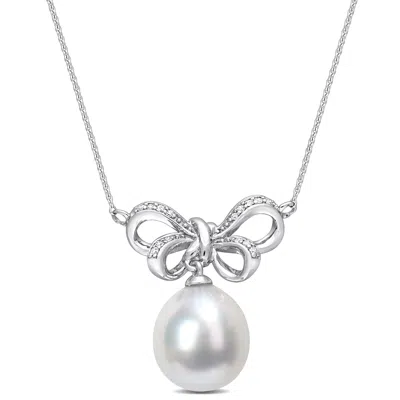 Mimi & Max 9.5 -10mm South Sea Cultured Pearl And Diamond Accent Bow Pendant With Chain In 10k White Gold In Silver