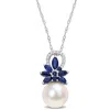 Mimi & Max 9.5-10 Mm Cultured Freshwater Pearl And 3/8 Ct Tgw Sapphire And Nd Diamond Accent Flower Pendant Wit In White