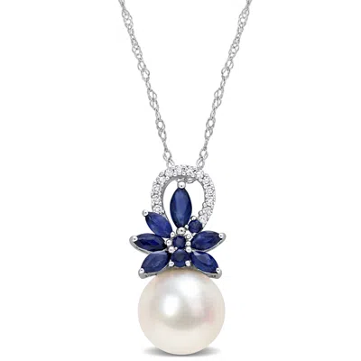 Mimi & Max 9.5-10 Mm Cultured Freshwater Pearl And 3/8 Ct Tgw Sapphire And Nd Diamond Accent Flower Pendant Wit In Silver